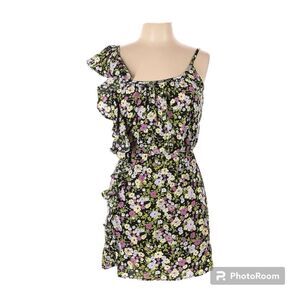 Envy Me Purple Green Floral Ruffle Sleeveless One Shoulder Dress M